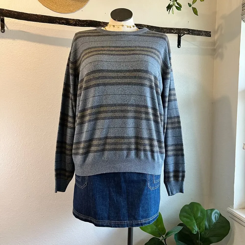 Vintage 90s Blue Knit Oversized Striped Crewneck Pullover Sweater Size XL